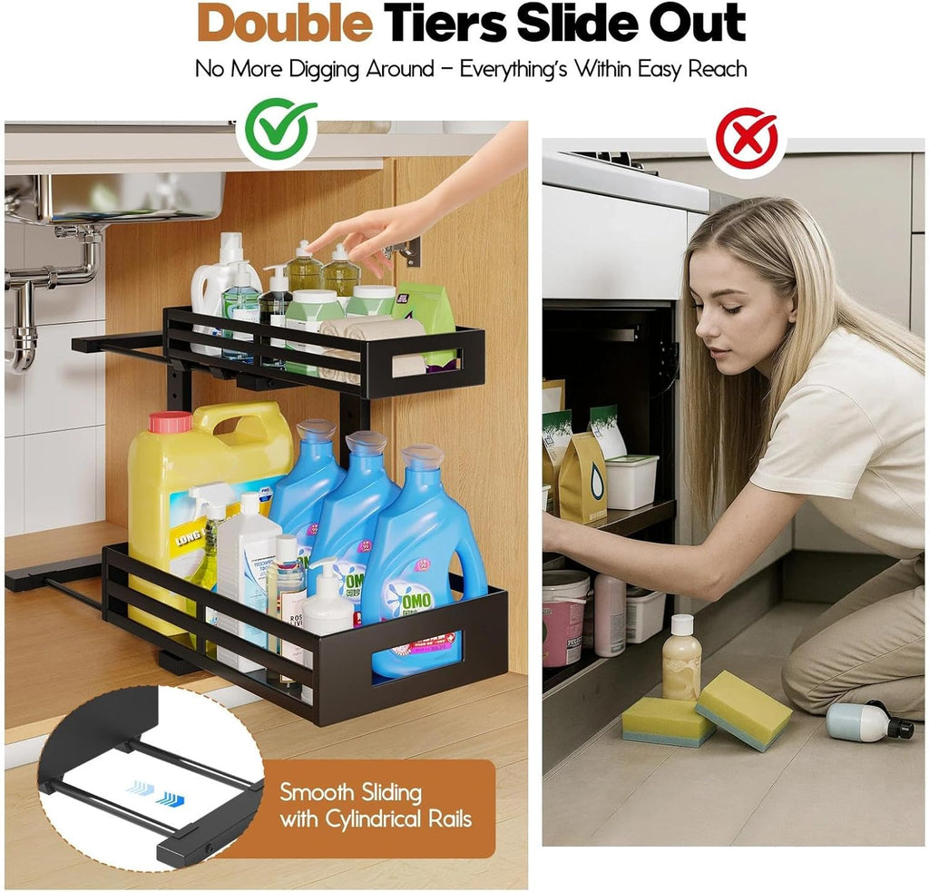 1-Pack Under Sink Organizers and Storage,2-Tier L Shape Pull Out Cabinet Organizer With Round Tube Slide Rails,Hight Adjustable Slide Out Drawers for Kitchen&Bathroom,Multi-Purpose Storage Shelf-Black