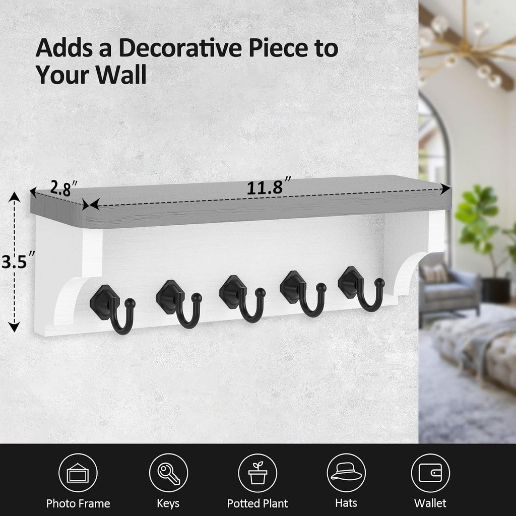 Nekon Key Holder for Wall, 11.8" W x 3.5" H x 2.8" D Wall Shelf, Gray