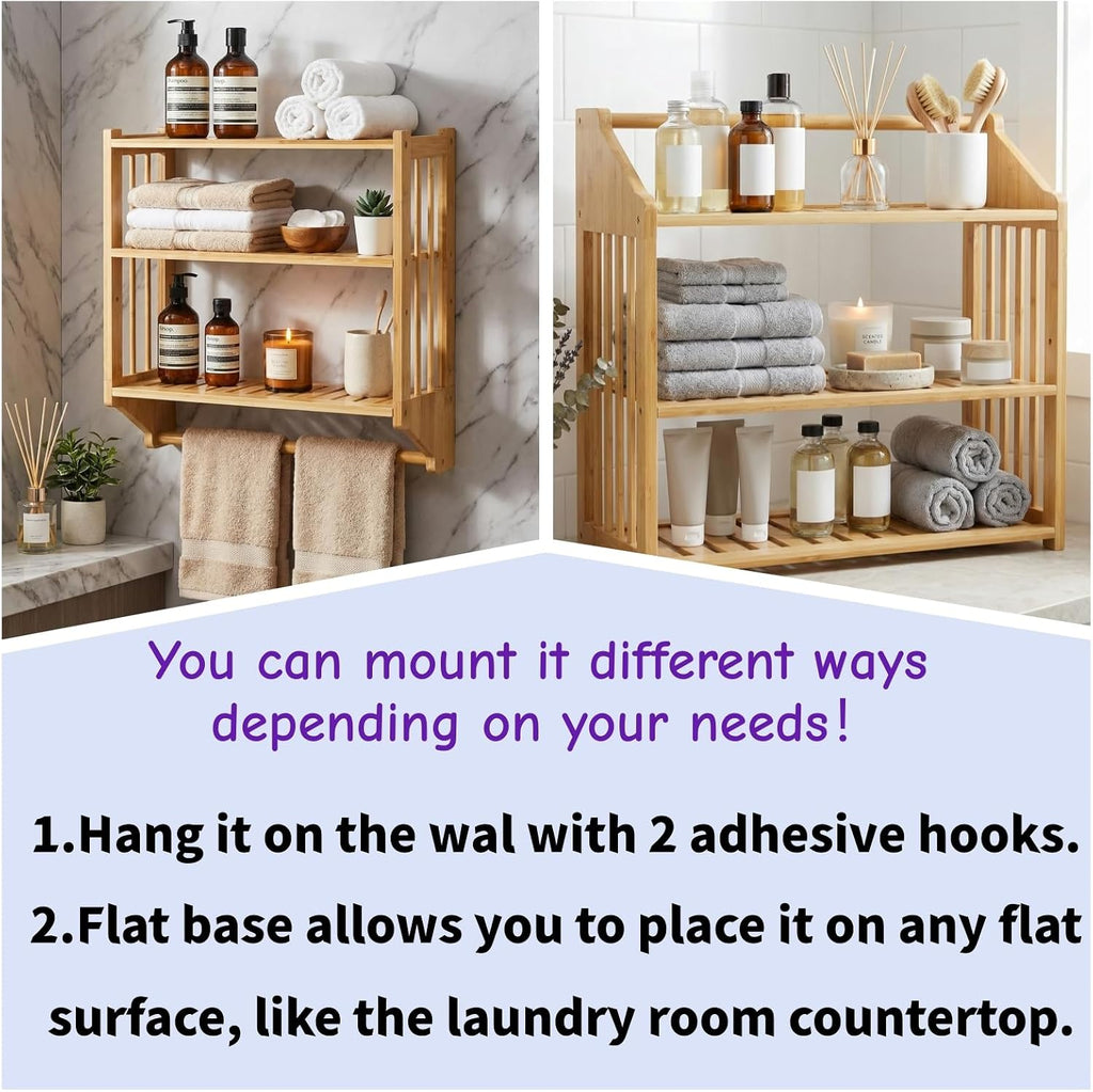 Goaste Bamboo Over The Toilet Storage Shelf, 3-Tier Wall Mounted Bamboo Rack Organizer, Floating Rack with Hanging Rod, Free Standing Shower Shelf with Adjustable Layer for Kitchen, Bathroom, Home