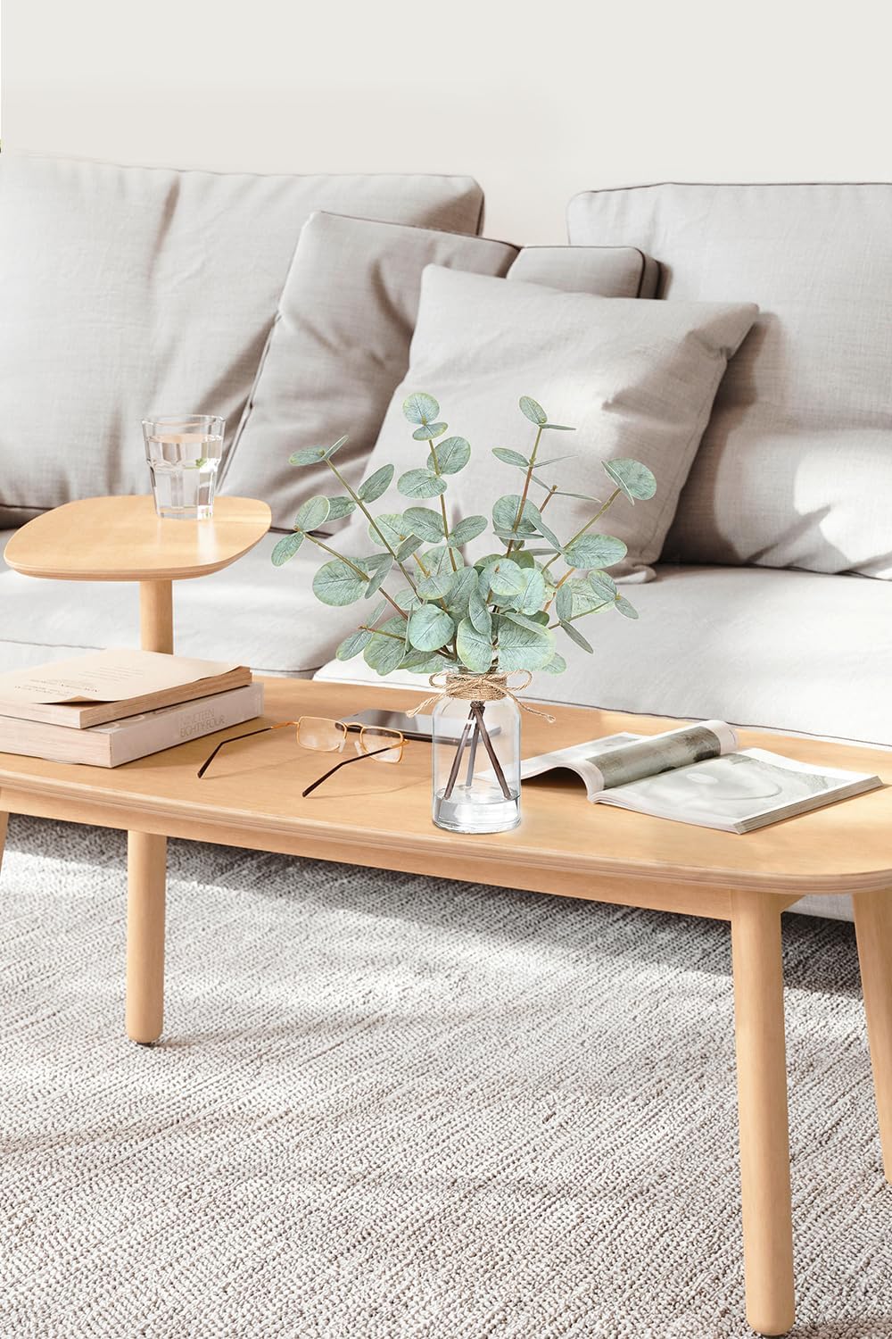 Fake Eucalyptus Stems in Vase with Faux Water,Artificial Plants Eucalyptus Leaves for Shelf Desk Bathroom Farmhouse Room Coffee Table Faux Greenery Plants Decorations (Green)