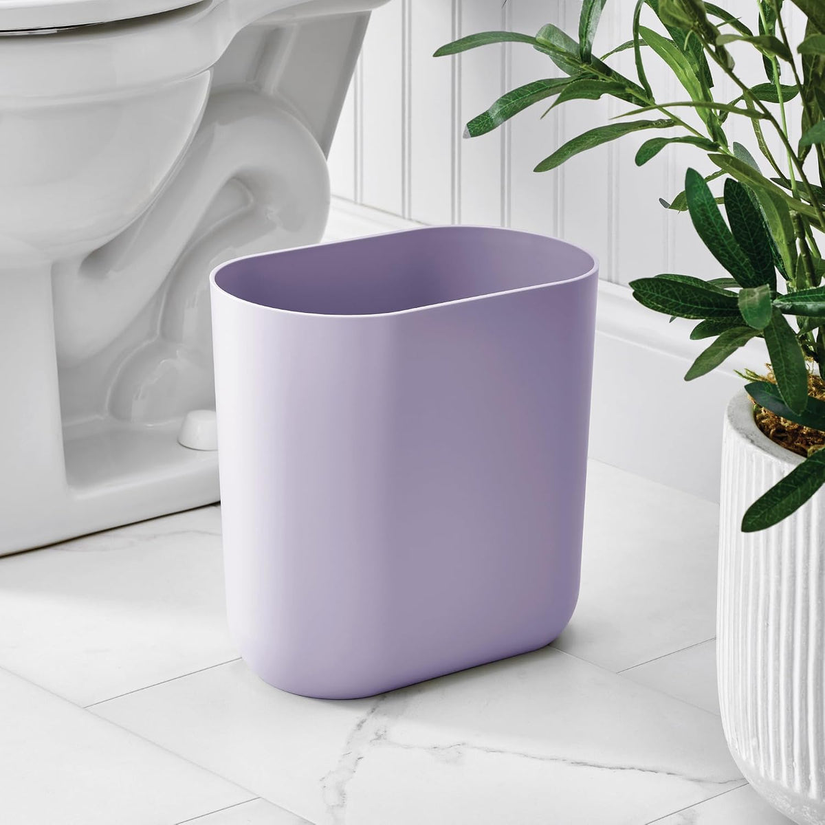 iDesign Small Slim Plastic Bathroom Trash Can, Purple, 10.56" x 5.5" x 9.77" high (Pack of 2)