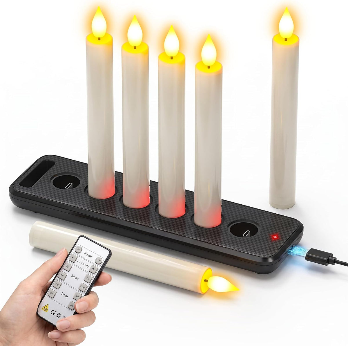 SoulBay Rechargeable Flameless Taper Candles with Charging Base & Remote