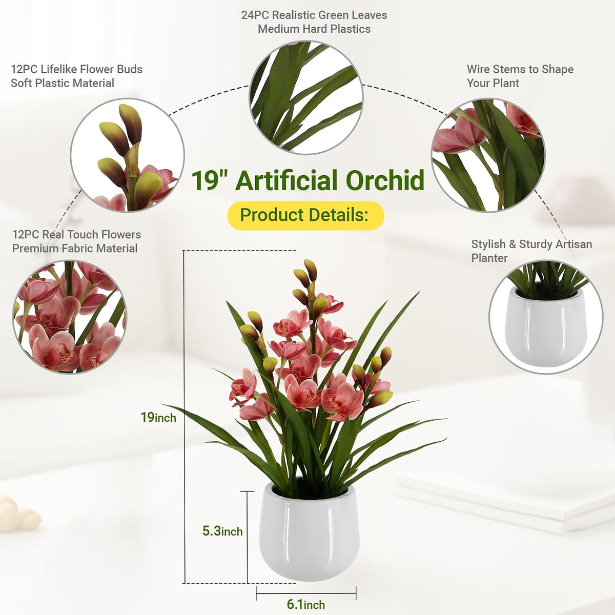 Faux Orchid Plant 19" Tall, Realistic Touch Leaves, Potted Cymbidium Artificial Plants Indoor for Home Decor Small Office Home Living Room-Pink