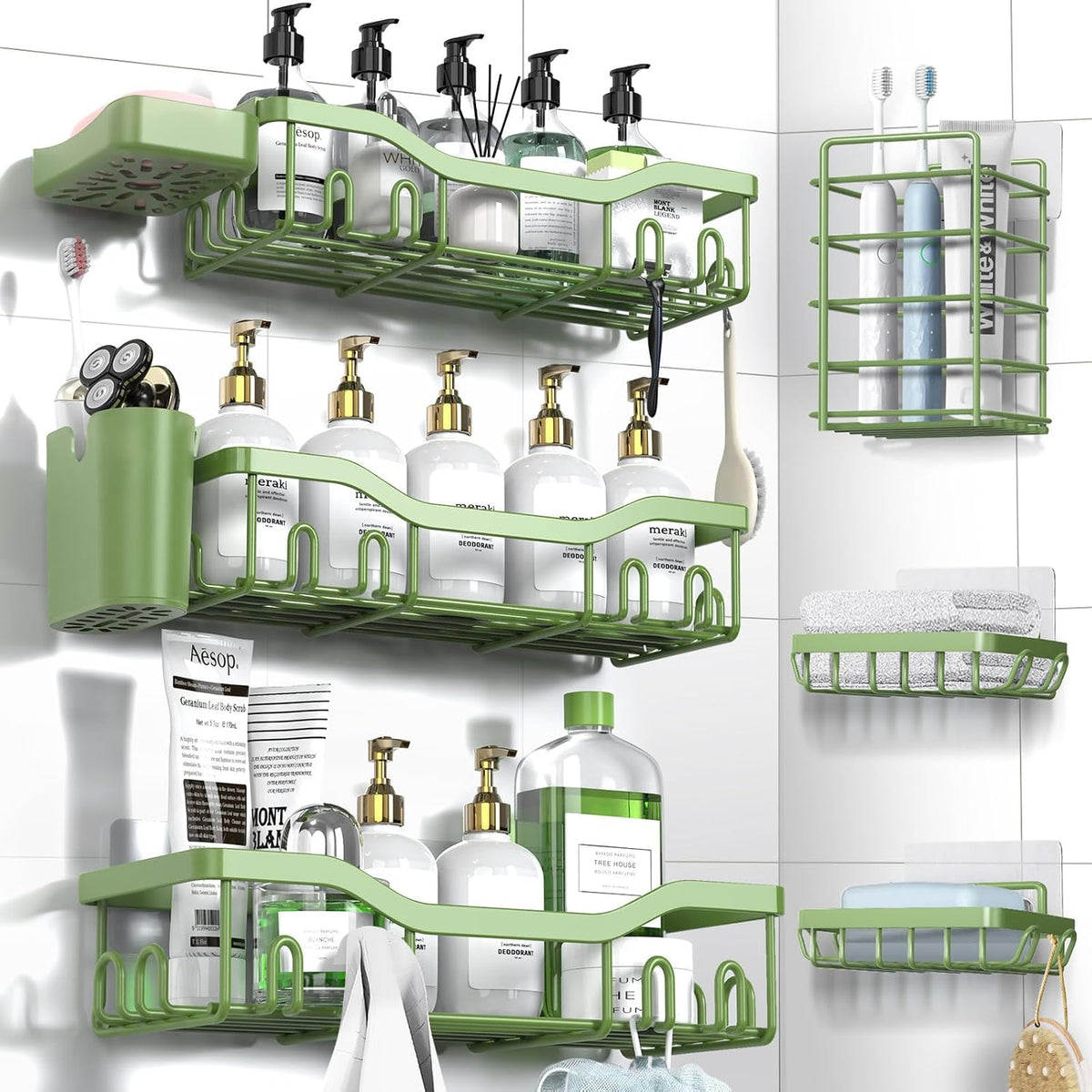 NESOMI Shower Caddy Adhesive Shower Organizer 8-Pack, Rustproof Stainless Steel Bathroom Shelves, Large Capacity No-Drill Rack Storage Accessories with Soap Dish Toothbrush Holder Hooks