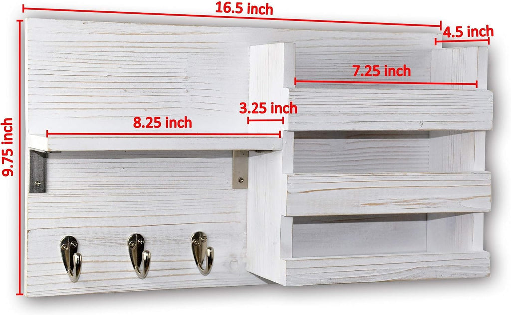 Wall-Mounted Key Hooks Holder and Mail Sorter - Rustic Wood White - Entryway Organizer for Letters, Leashes, and Purses - Floating Shelf, 16.5” W x 9.75" H x 4.5” D