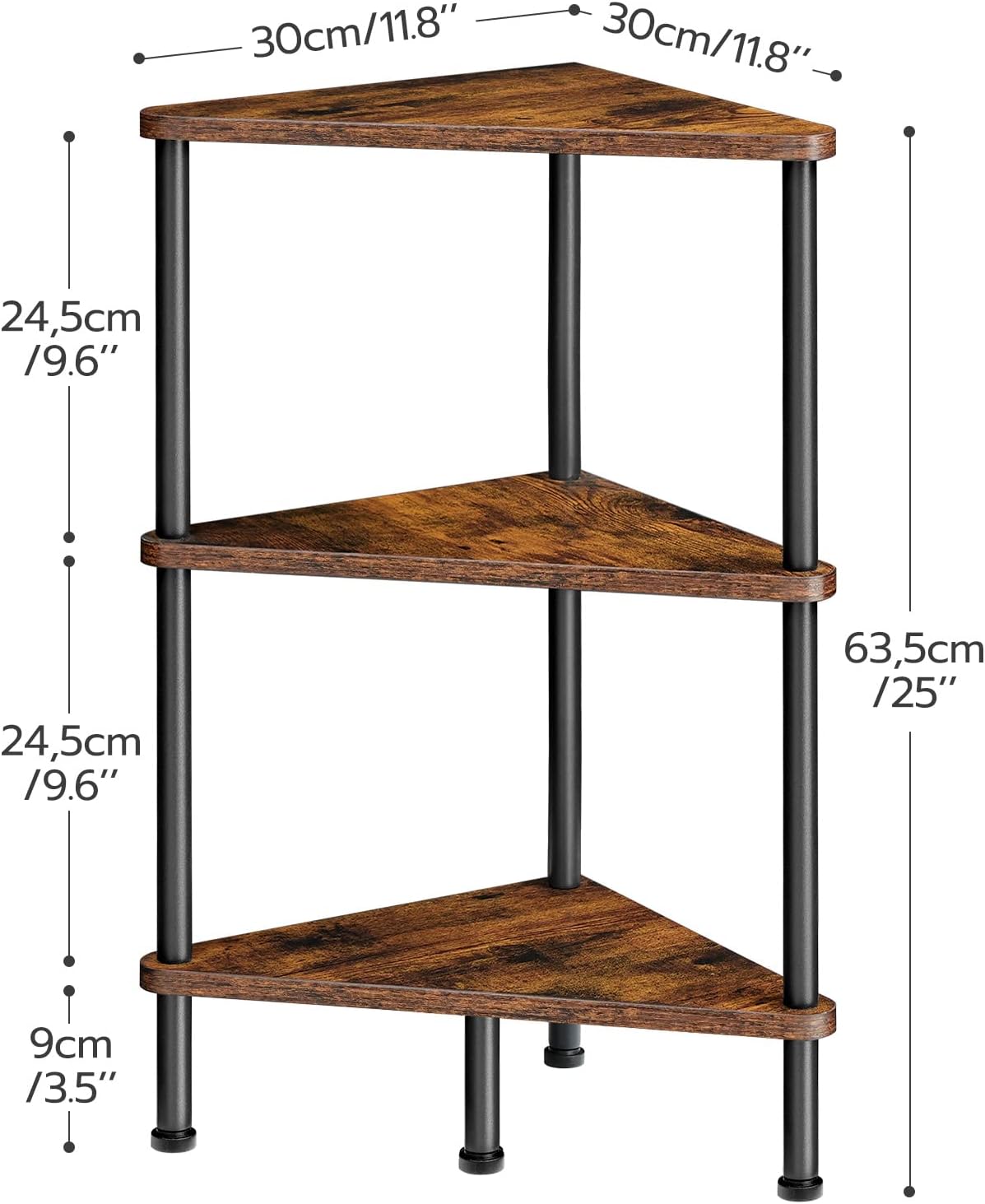 HOOBRO Corner Shelf Stand, Industrial 3-Tier Corner Bookshelf with Metal Frame, Plant Display Shelf, Small Bookcase for Small Spaces, Living Room, Rustic Brown and Black BF30CJ01