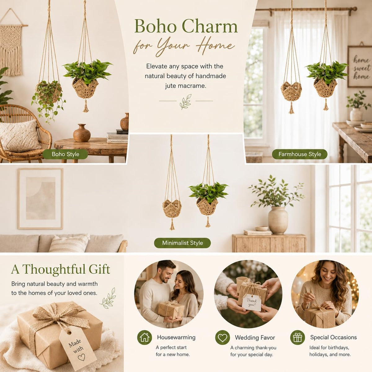RAINFLOW Indoor Macrame Plant Hangers 2 Pack, Jute Plant Holders