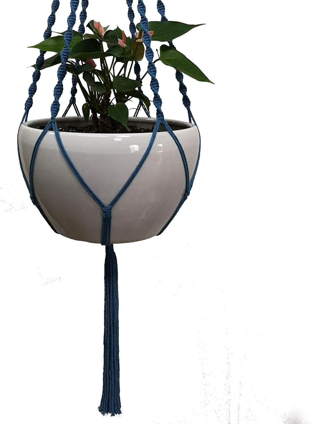 6 Legs Macrame Natural Jute and Cotton Plant Hanger & Holder and Metal Ring, 51-inches Length (Without the White Pot and Plant) (Turquoise)