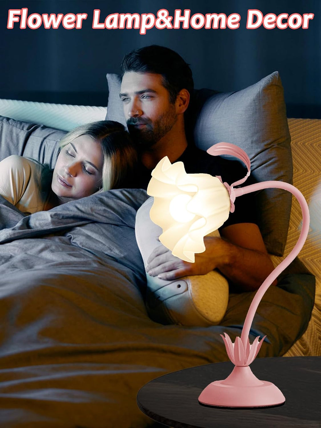 Flower Table Lamp, LED Reading Light Bedside Vintage Night Light (Pink)