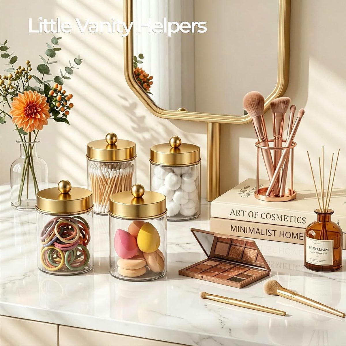 Amolliar Clear Glass Apothecary Jar Qtip Holder w/Metal Lids, Gold