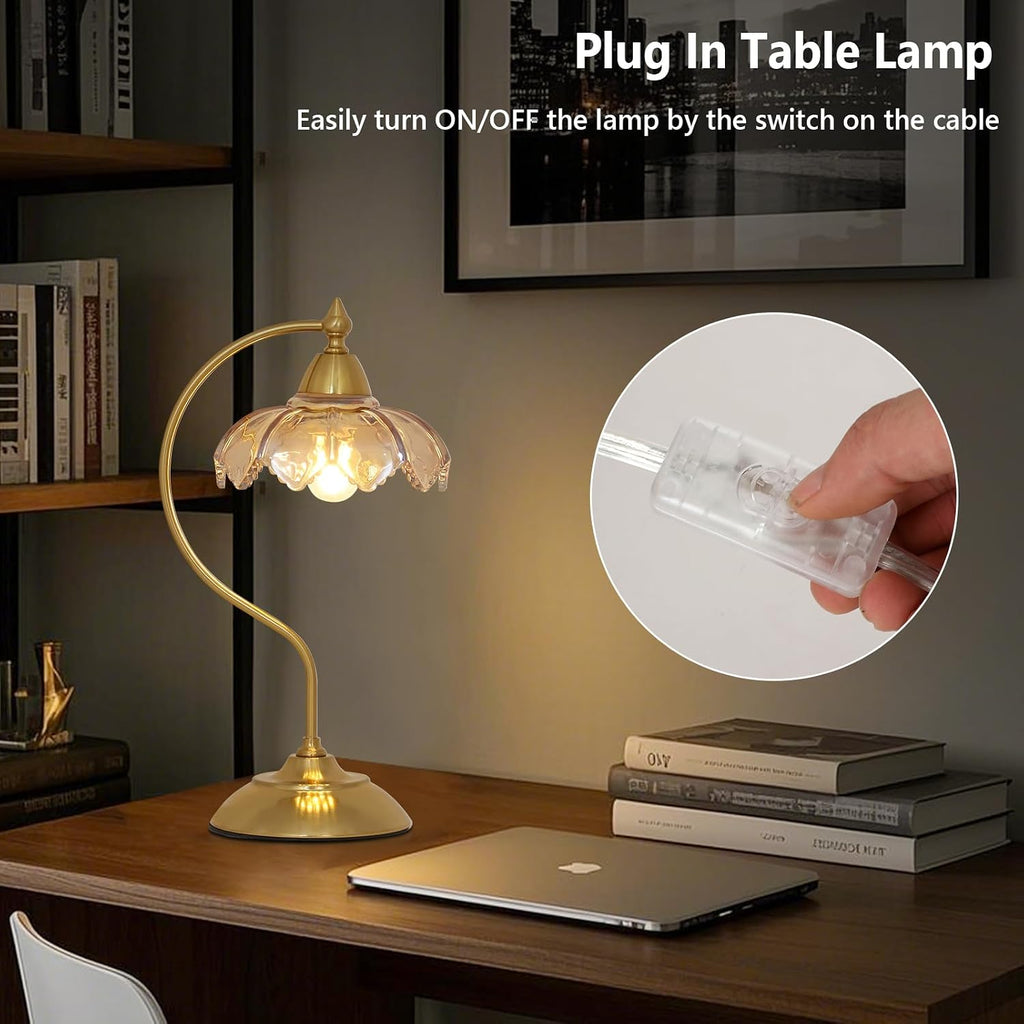 Table Lamps for Living Room, Flower Desk Lamp, Glass Beside Lamp for Nightstand, Gooseneck Small Table Lamp, Mid Century Modern Desk Light, Table Light for Bedroom Home Office Reading (Amber)