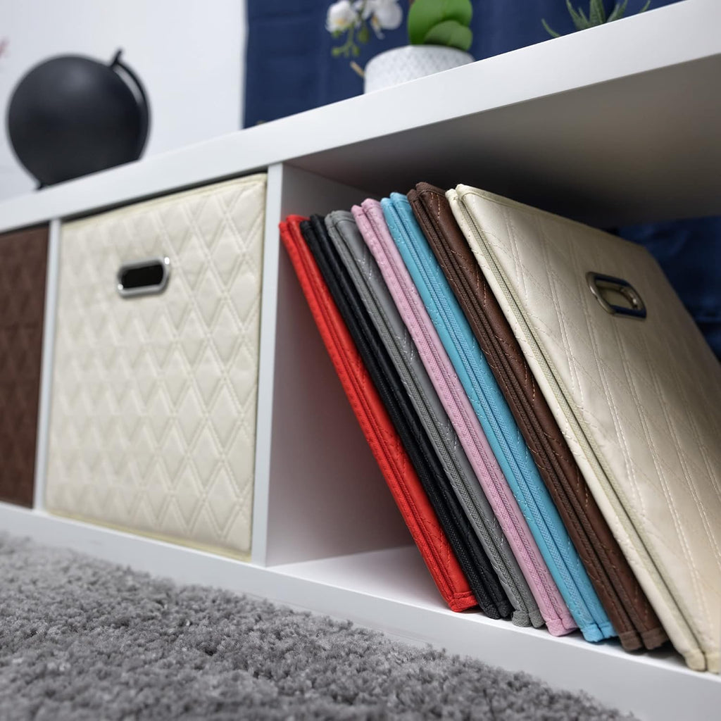FH Group JIAessentials 13" Faux Leather Foldable Storage Cube Bins Set of 2 – Brown Diamond Patterned Organizers with Handles for Closet & Shelves