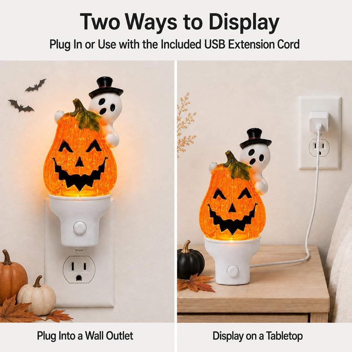 Halloween Ghost Pumpkin Water Spinner Plug-In Wall Night Light