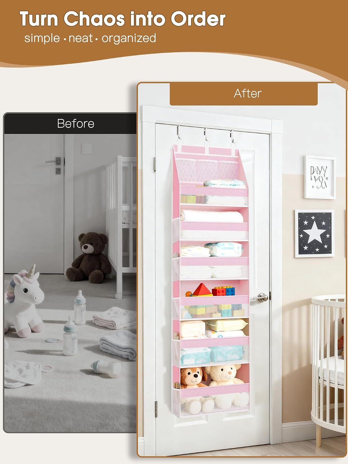 Criusia Over the Door Organizer, 6-Shelf Closet Hanging Storage with 13 Mesh Pockets, 55lbs Capacity Behind the Door Storage for Baby Nursery, Bathroom, Bedroom, and Dorm, Pink