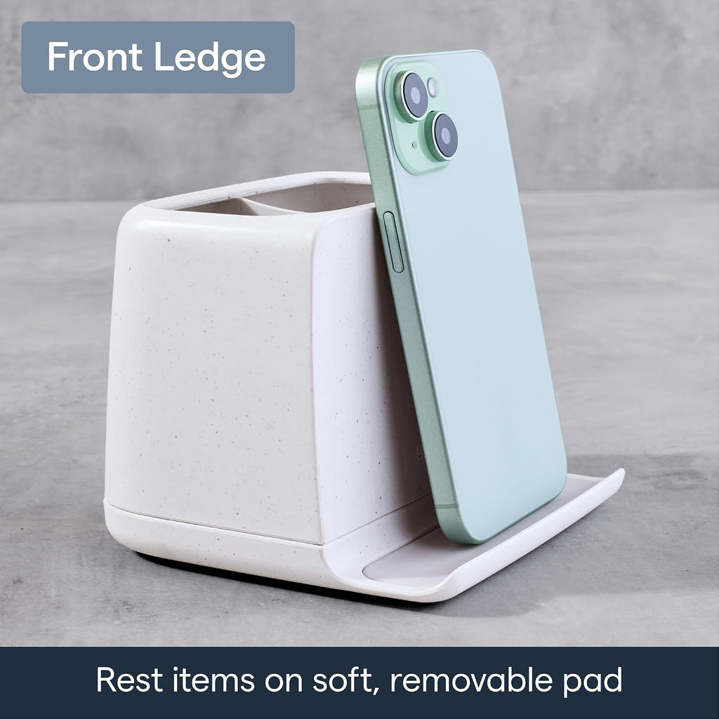 YouCopia The Ledge Toothbrush Holder, 2-Slot, Bathroom Vanity Counter Organizer with Cord Slots, Removable Base and Storage for Phones, Toothpaste and Accessories
