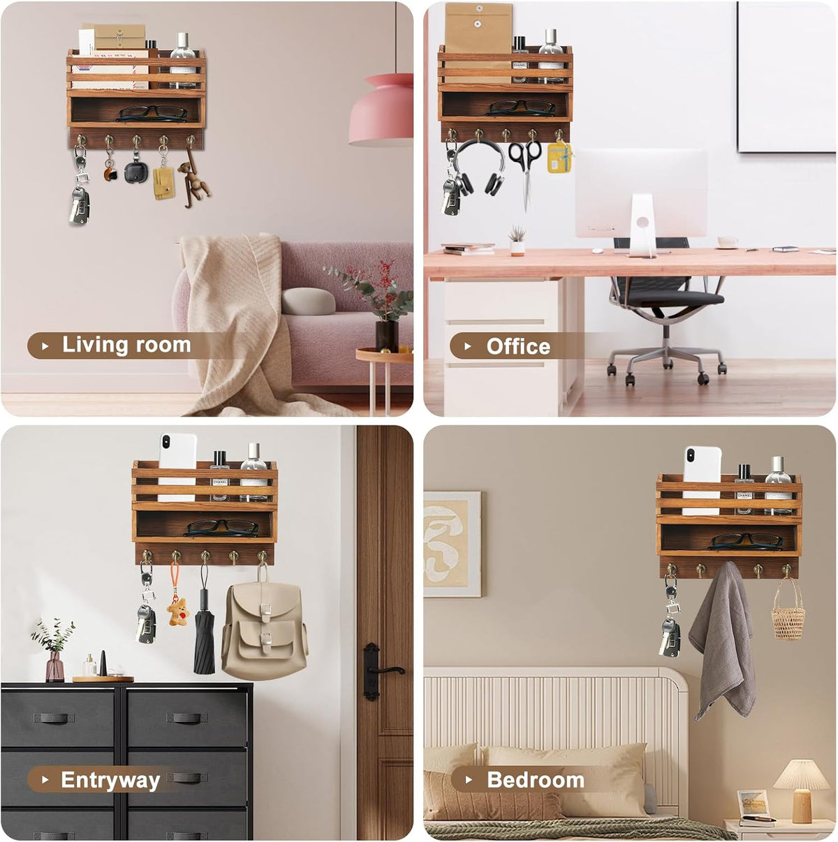 Key Holder Wall Mount with Mail Organizer, 5 Key Hooks, Brown