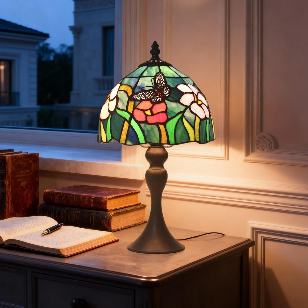 Tiffany Table Lamp,8 Inch Stained Glass Table Lamp,Small Antique Style Lamp,Living Room Bedroom Bedside Nightstand Desk Lamp(Butterfly Tricolor Flower)