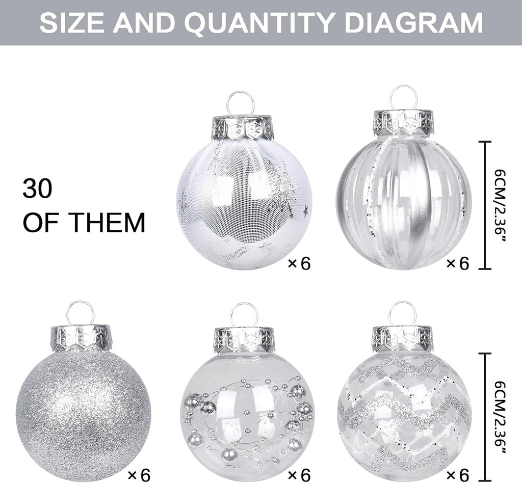30PCS Silver Clear Christmas Ball Ornaments Set for Xmas Tree Decorations