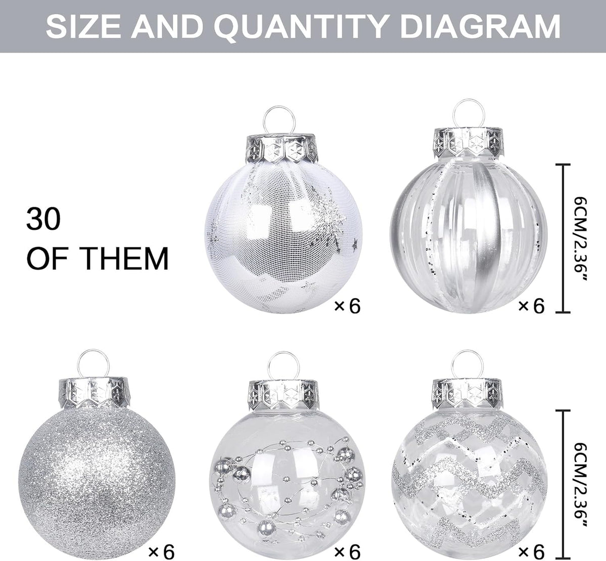 30PCS Silver Clear Christmas Ball Ornaments Set for Xmas Tree Decorations