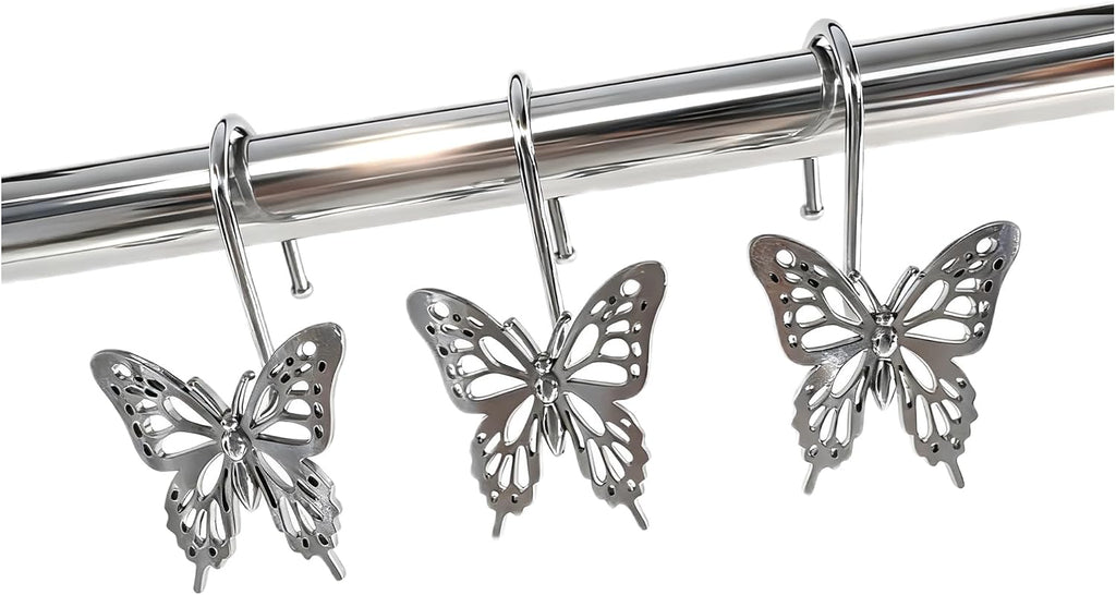 12PCS Decorative Shower Curtain Hooks, Metal Shower Curtain Rings, Rustproof Shower Curtain Hanger for Bathroom, Elegant Butterfly Design (Silver)