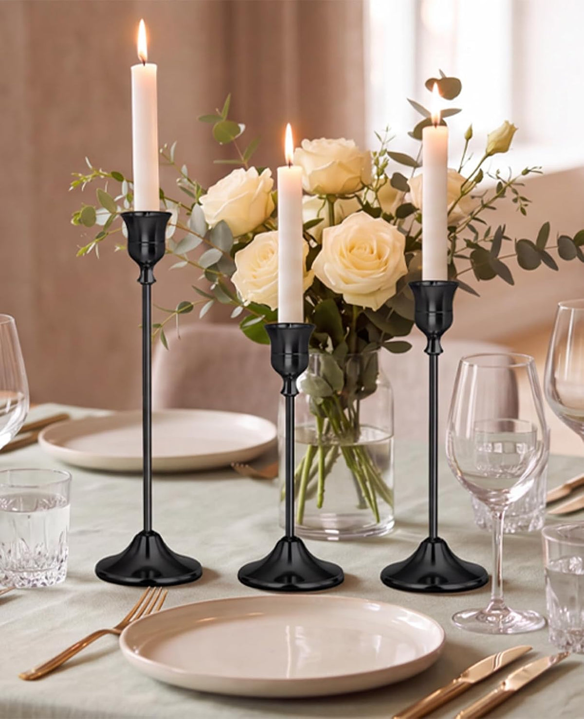 Black Candlestick Holders Set of 3 Weighted Stable Base