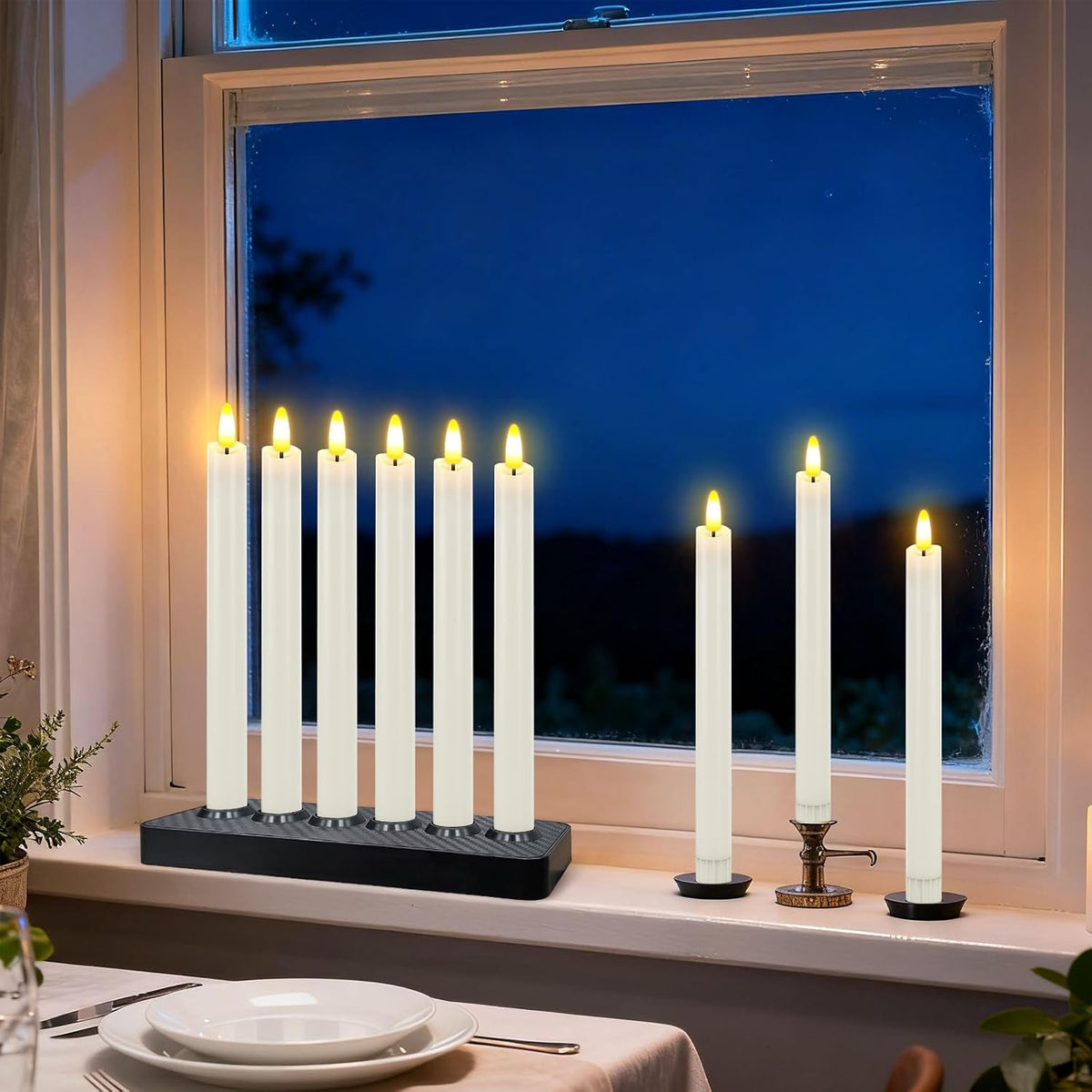 HL Rechargeable Flameless Taper Candles with Charging Base, 6 Pack