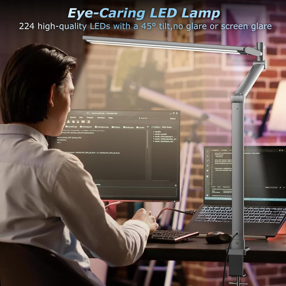 Airlonv LED Desk Lamp, Double Swing Arm Wide Lighting Area Desk Lamps for Home Office with Stepless Dimming, Eye-Caring Architect Desk Light with Clamp for Reading, Study, Workbench, (Grey)