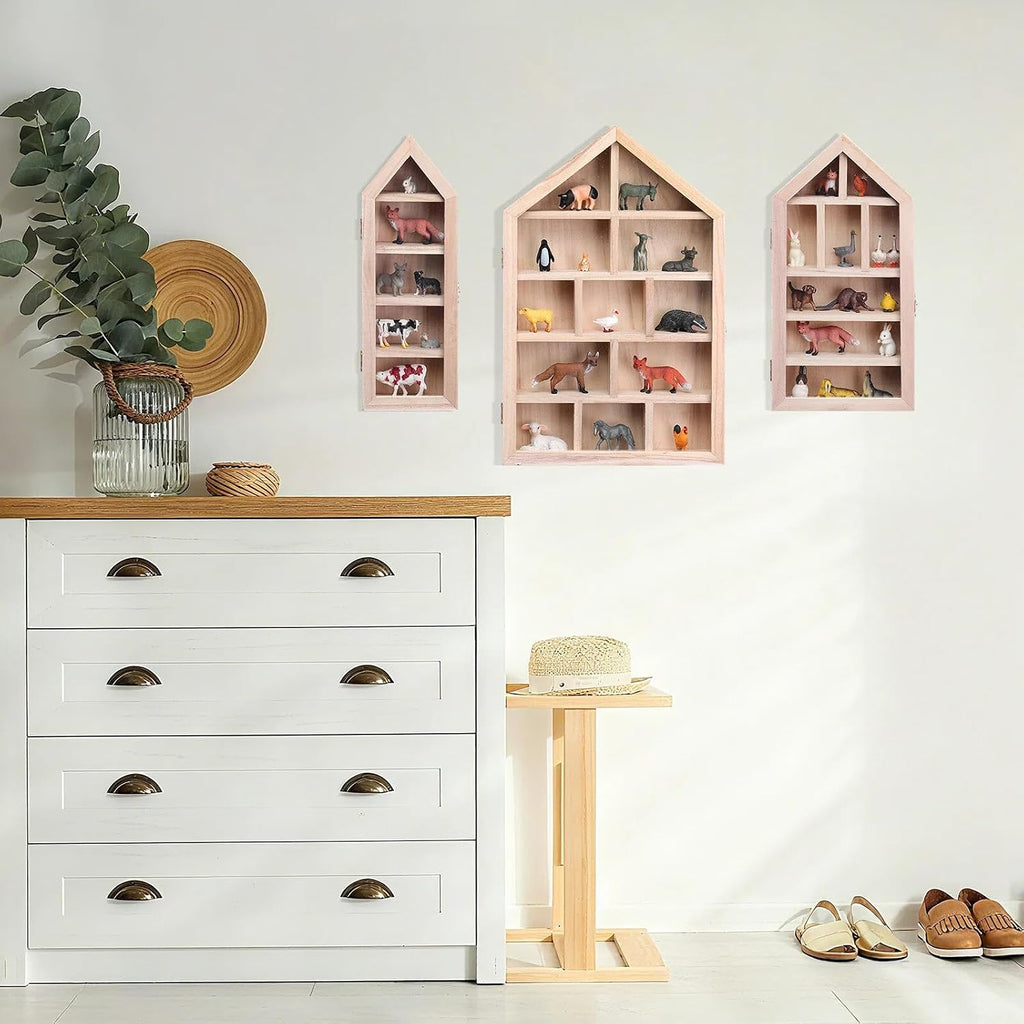 DoubleFill 3 Pcs Trinket Shelf Shadow Box, Wood Color, House Shape