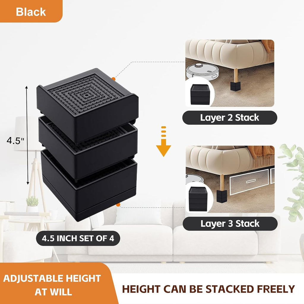 Bed Risers, Furniture Risers 4 inch, Heavy Duty Raise Blocks for Bed Couch Desk Sofa Table, 2/3/4 inch Adjustable Lifters Support up to 1300 Lbs (Black, 4 Pack Set)