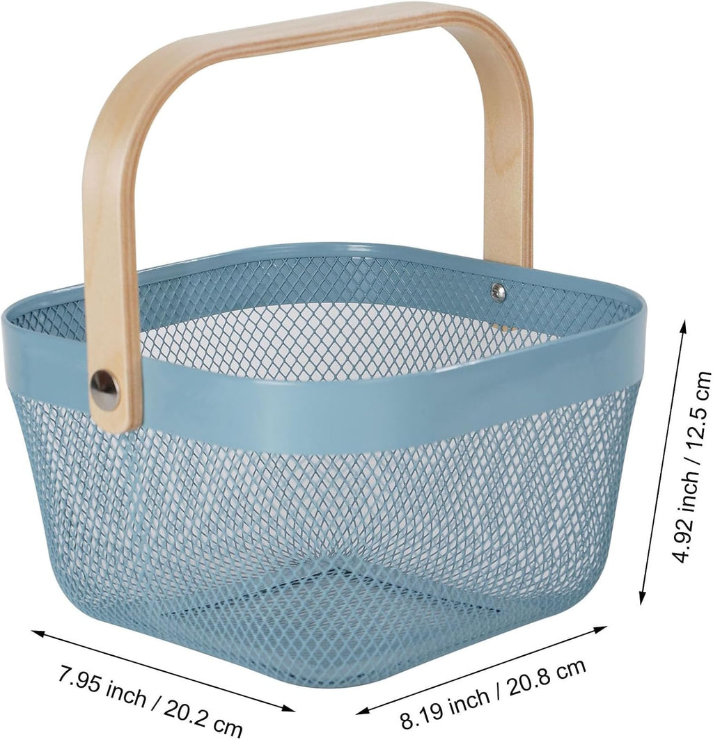 AJIODA Metal Mesh Wire Basket, Mini Steel Basket with Wooden Handle Storage Organizer Basket Multi-functional Hanging Kitchen Baskets Fruit Baskets for Kitchen Bathroom Cabinet Pantry Snacks, Blue