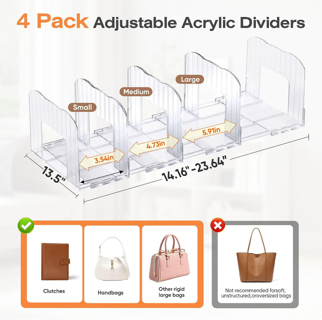 Glxgow 4 Pack Adjustable Acrylic Purse Organizer for Closet Shelf, Clear Handbag Storage Dividers, Detachable & Connectable Bag Organizer for Wallets, Clutches, Purses and Handbags