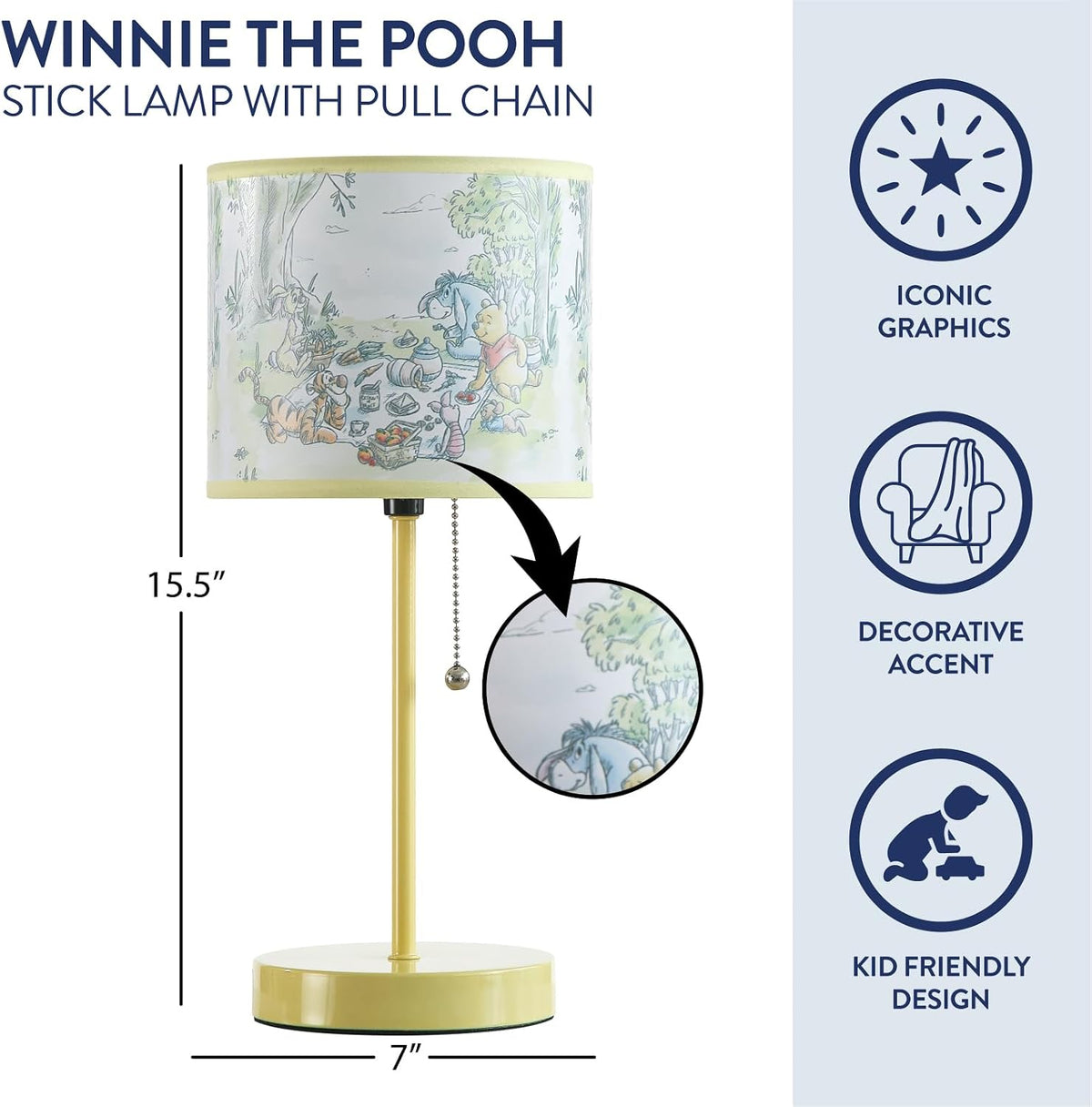 Idea Nuova Table Lamp for Kids, Stick Lamp with Printed Shade & Pull Chain, Bedroom or Nursery Nightstand Lighting,Winnie The Pooh