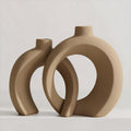 Set of 2 Brown Ceramic Vases for Home Decor Accents - Unique Hollow Donut Artistic Design Rustic Farmhouse Style Decorative Vases for Shelf, Mantel, Entryway Table Decor (Matte Brown)