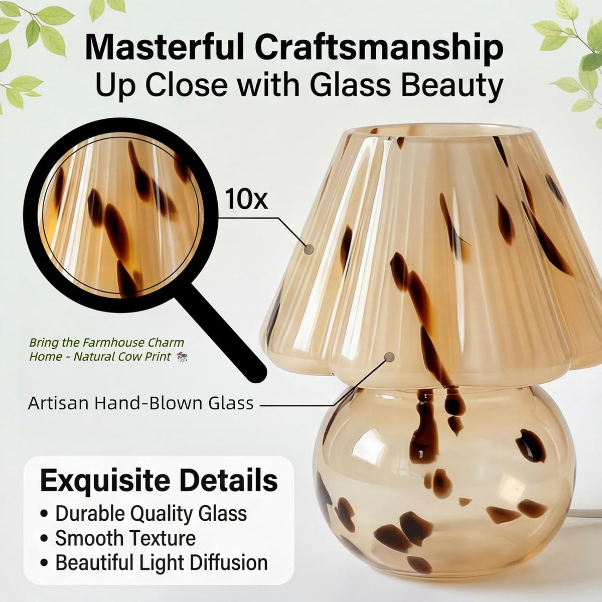 Glass Mushroom Lamp 3-Color Dimmable Table Lights for Home Decor