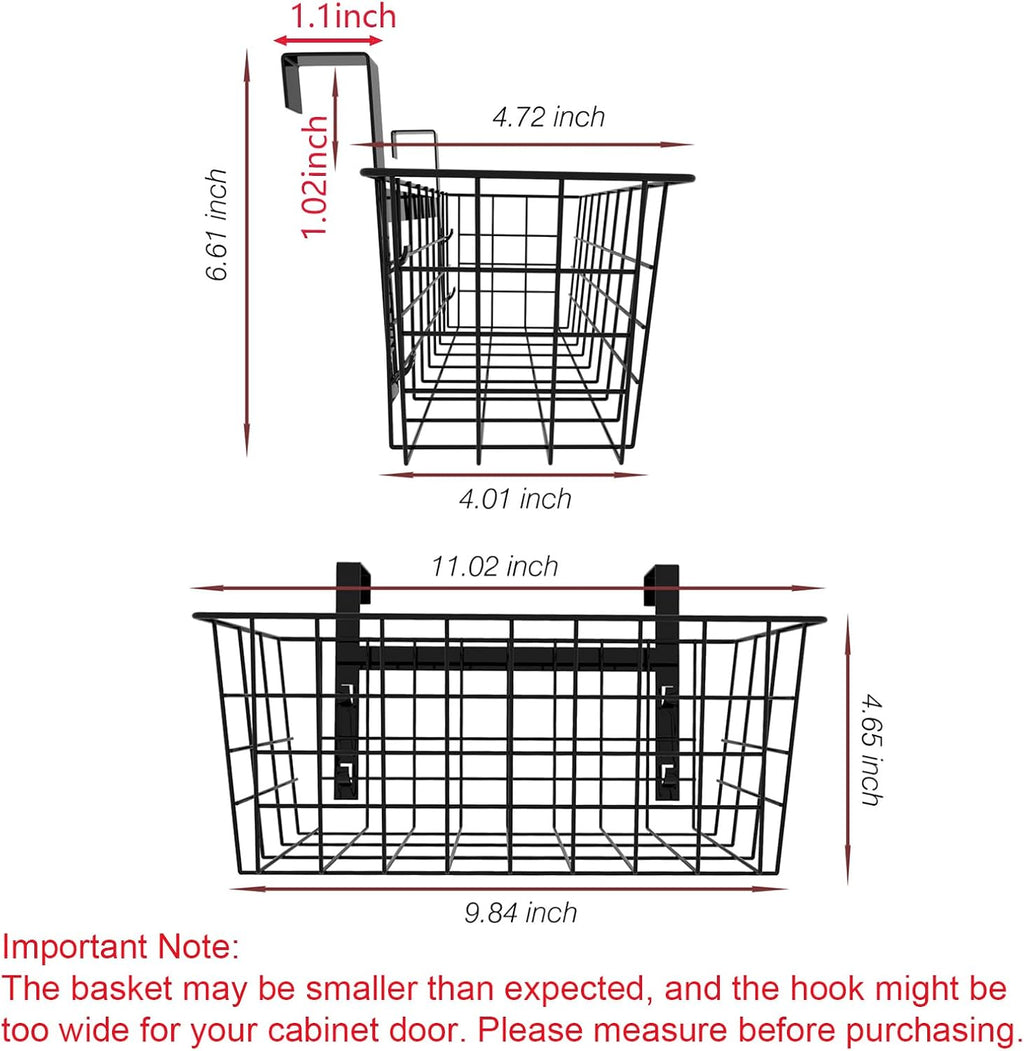MaraFansie Basket with Hook, Grid Storage Basket, Over the Cabinet Door Organizer, Wire Hanging Basket with Hook Over the Railing, Under Sink Kitchen Cabinet, Pantry, Bathroom, Black, 4 Pack