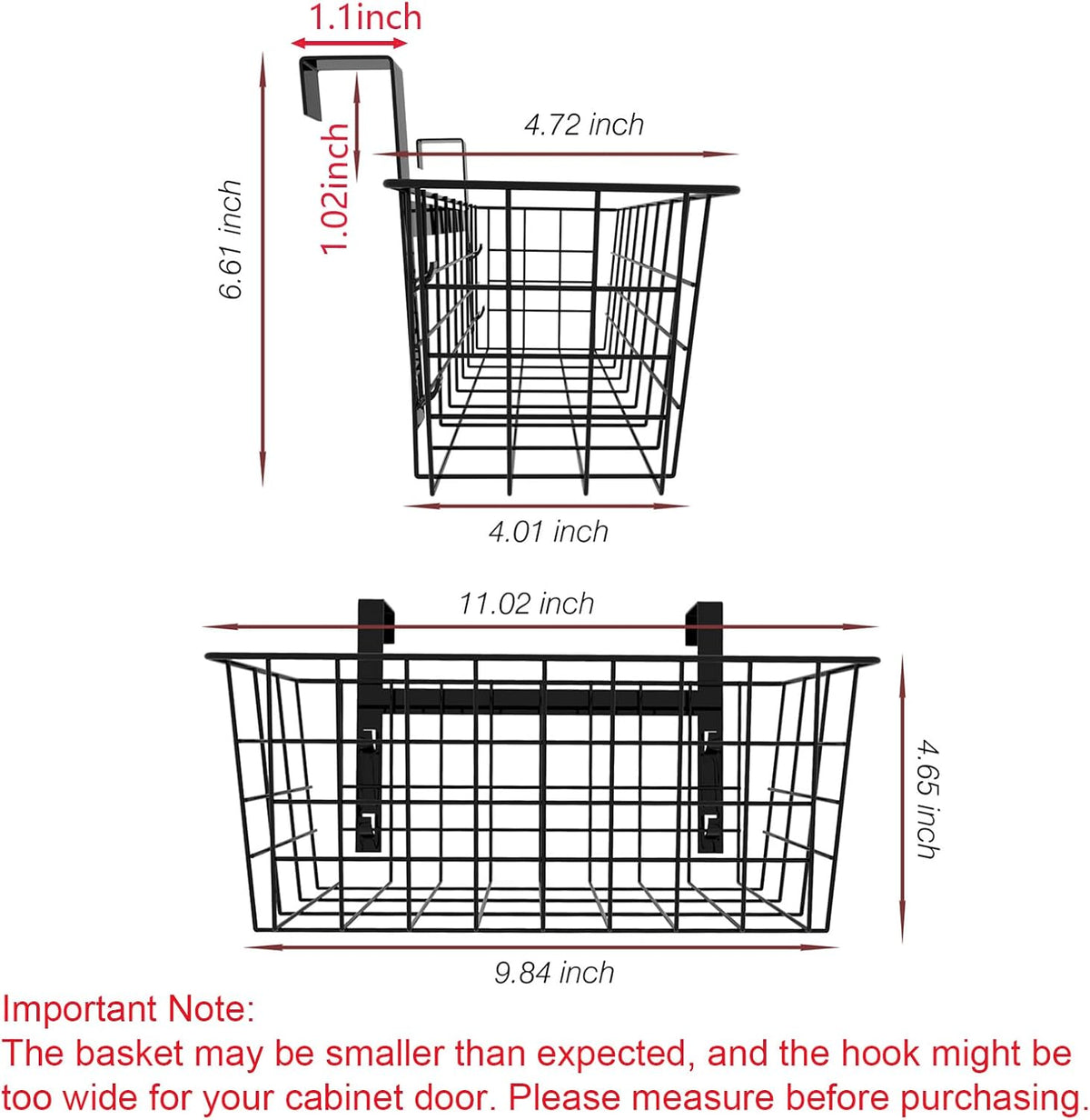 MaraFansie Basket with Hook, Grid Storage Basket, Over the Cabinet Door Organizer, Wire Hanging Basket with Hook Over the Railing, Under Sink Kitchen Cabinet, Pantry, Bathroom, Black, 4 Pack
