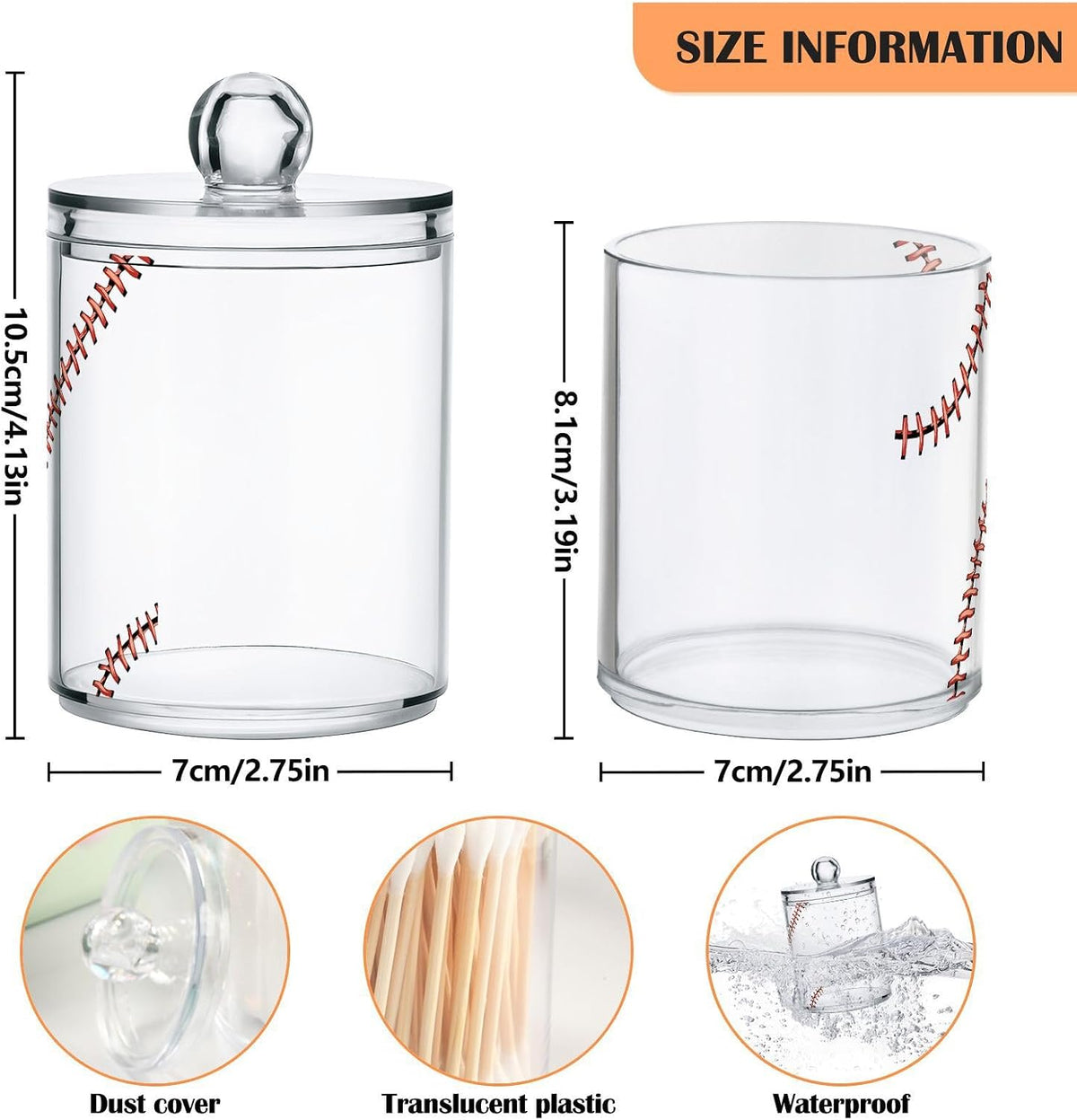 Gredecor 4 Pack Apothecary Jars Baseball Softball Red Lace Qtip Holder Organizer Clear Airtight Canister for Cotton Swabs Storage Acrylic Plastic Jar with Lids