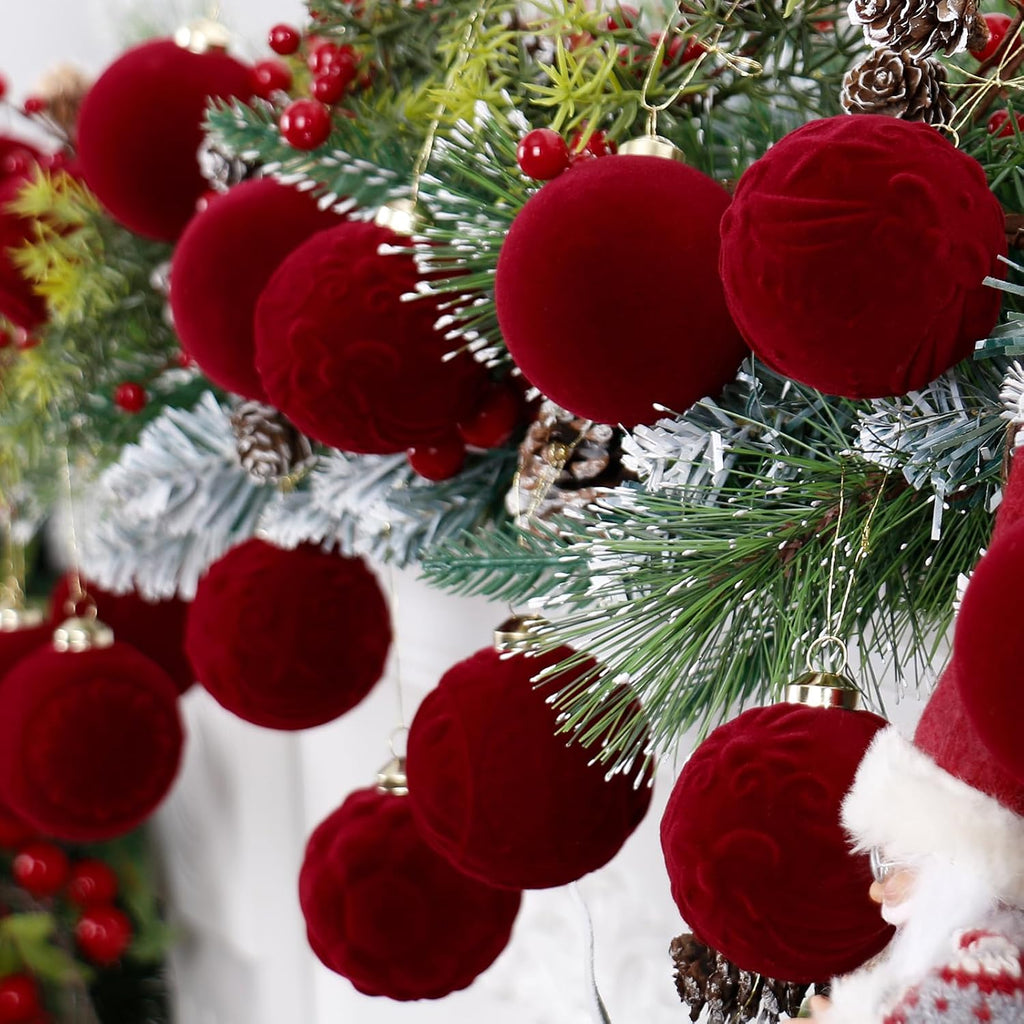 30PCS Burgundy Velvet Christmas Ball Ornaments for Xmas Tree Decorations