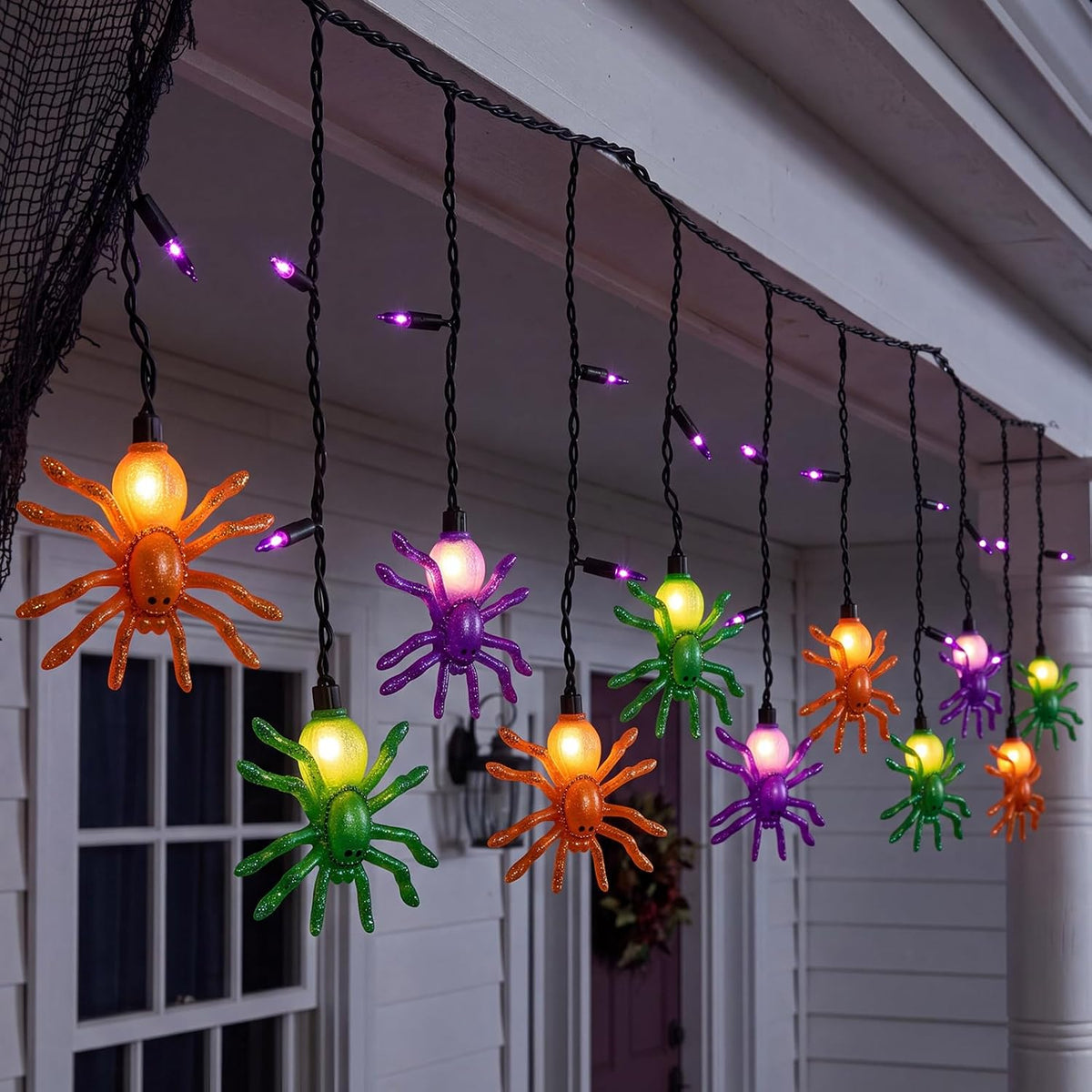 Halloween Spider String Lights, 7Ft Halloween Decorations Lights with 10 LED Colorful Spider Lights 15 Mini Purple Bulbs, Hanging Fairy Lights UL Listed for Outdoor Curtain Porch Bar Party Decor