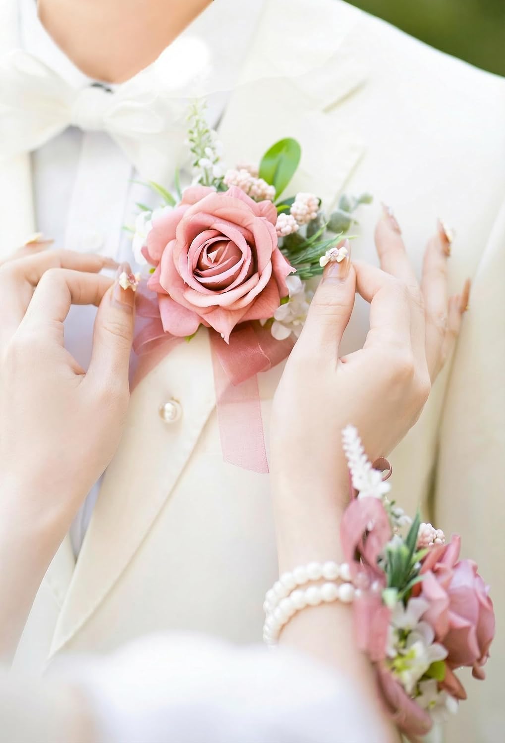 Dusty Rose Corsage and Boutonniere Set Girl Prom Corsage Wristlet