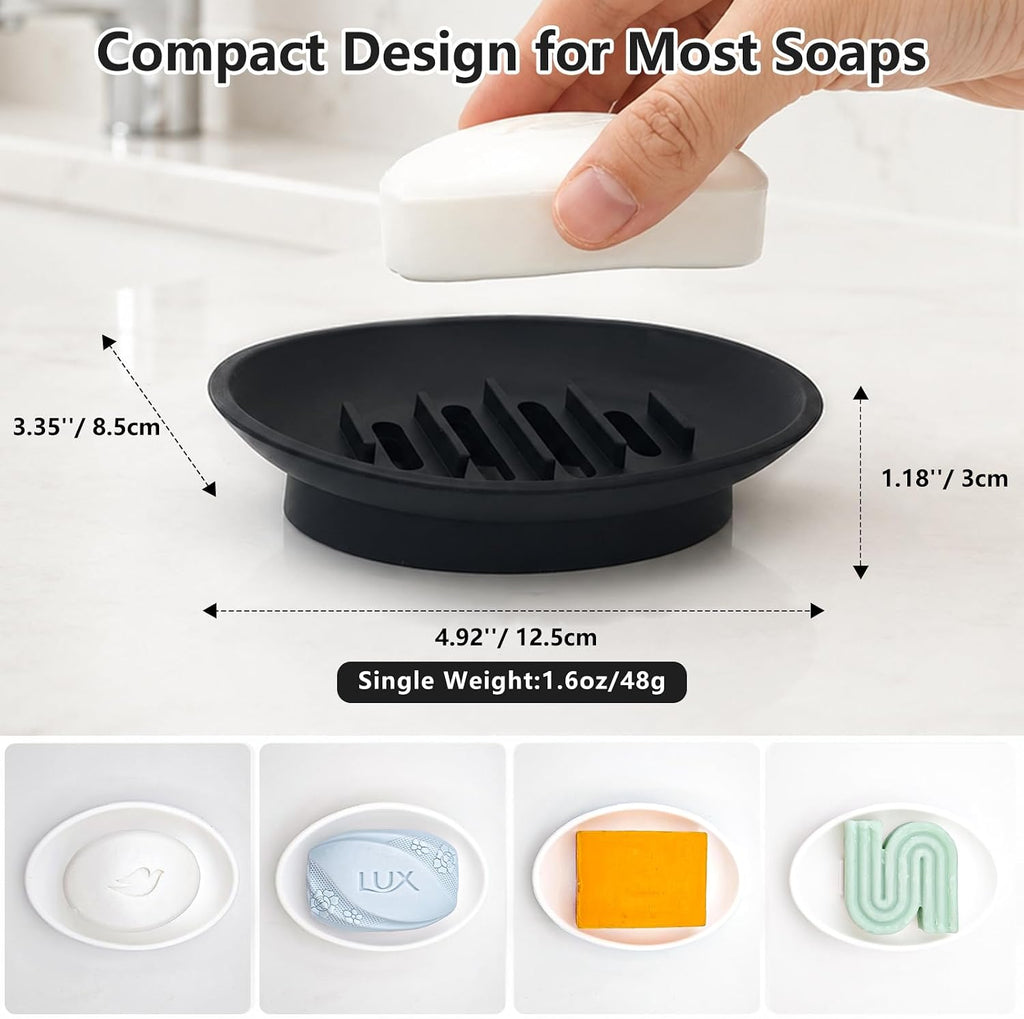 2 Pack Soap Bar Holder, Small Oval Silicone Soapdish Soap Tray for Shower/Bathroom Sink/Kitchen Counter/Bathtub, Non-Slip Central Raised Ridges Soap Stand Dish with Long Slotted Drain Holes