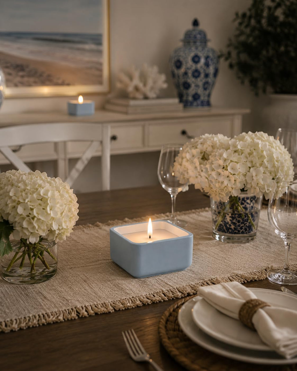 Flameless Candle - Square LED Candle with Real Wax in a Cement Base | Battery Operated, 500+ Hours | Housewarming Gift, Home Décor, Bathroom, Coffee Table (Blue)
