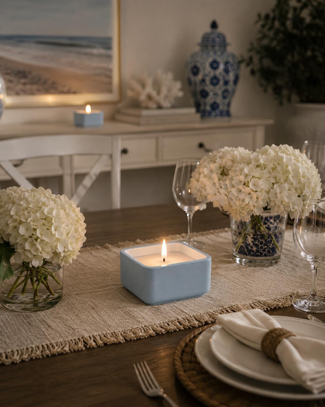 Flameless Candle - Square LED Candle with Real Wax in a Cement Base | Battery Operated, 500+ Hours | Housewarming Gift, Home Décor, Bathroom, Coffee Table (Blue)