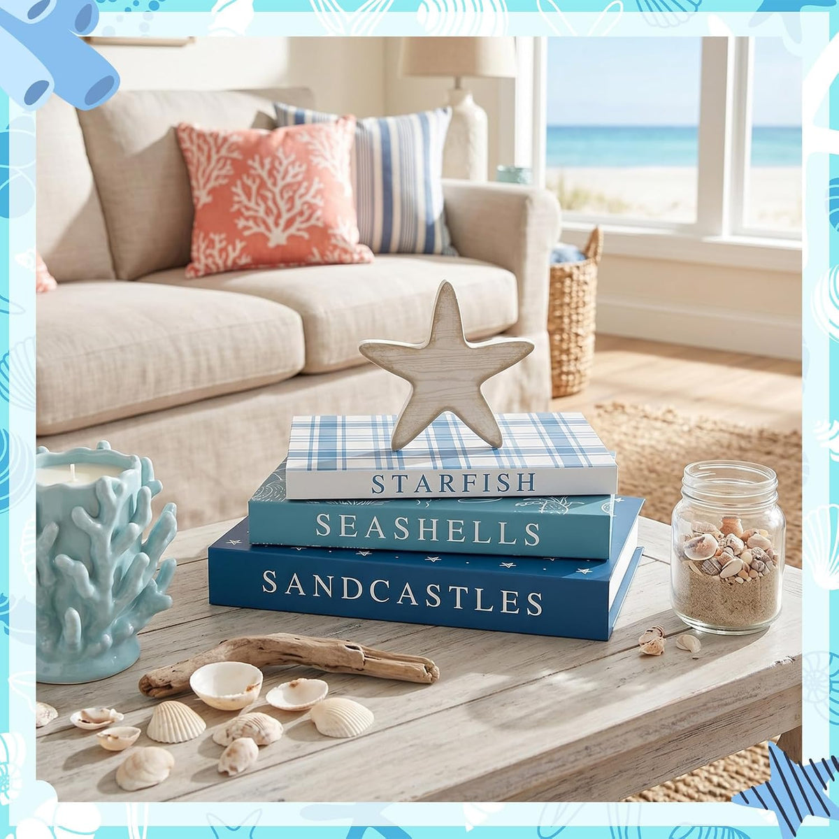 Thyle Summer Decorative Faux Books Set, Storage Boxes with Wood Starfish