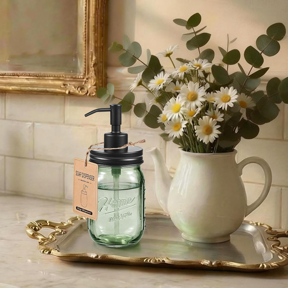SheeChung Green Glass Mason Jar Liquid Soap Dispenser, 16oz, Black, 1 Pack