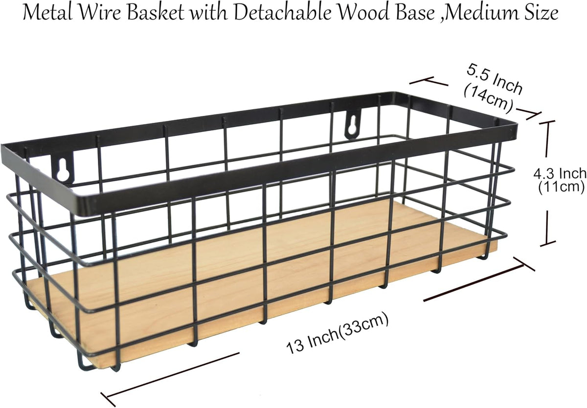 ShabbyDecor Detachable Wood Base Wire Basket tabletop or wall mount, Medium