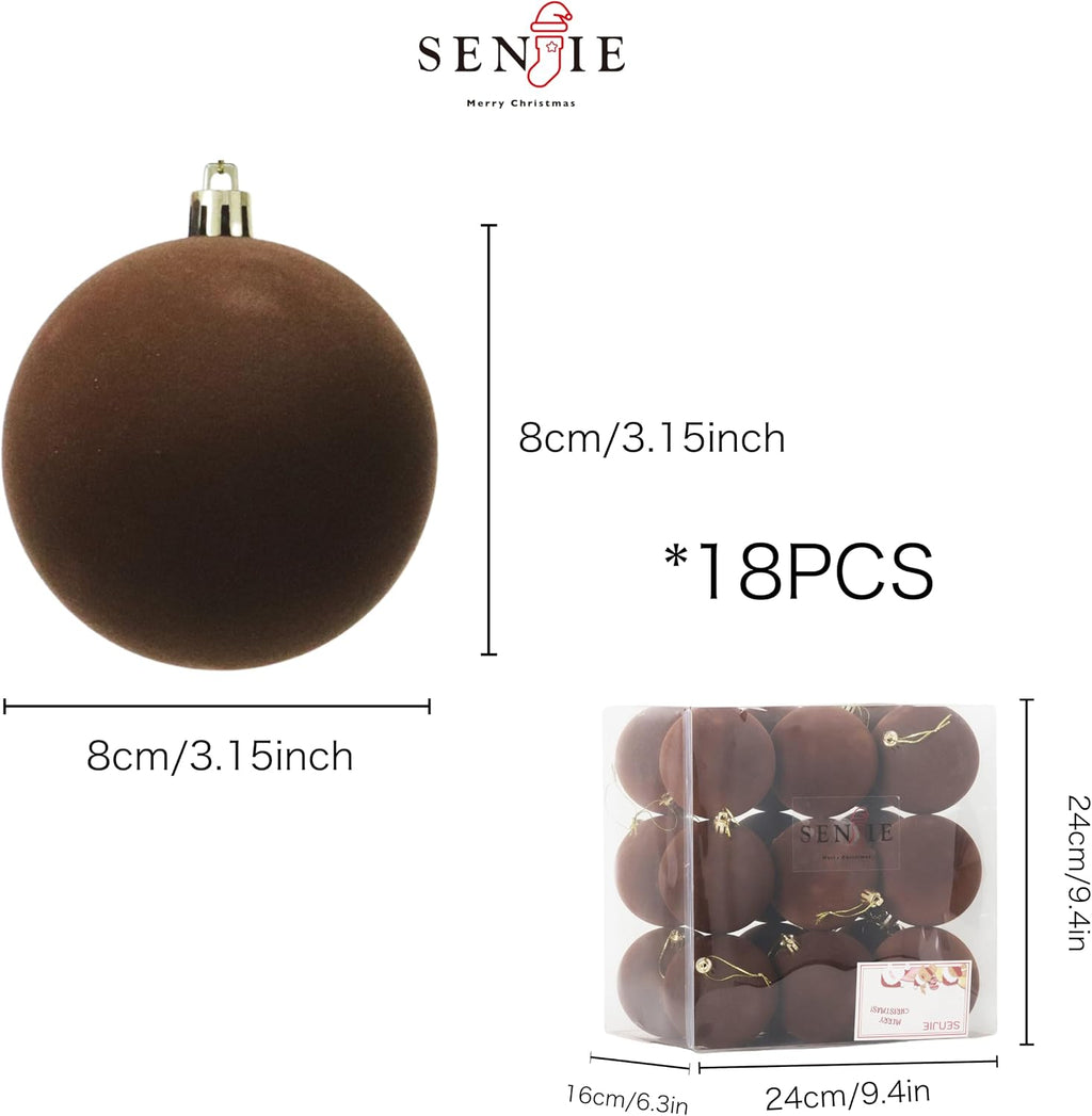 18PCS Brown Velvet Christmas Ornaments Set,3.15IN Flocked Ornaments Balls