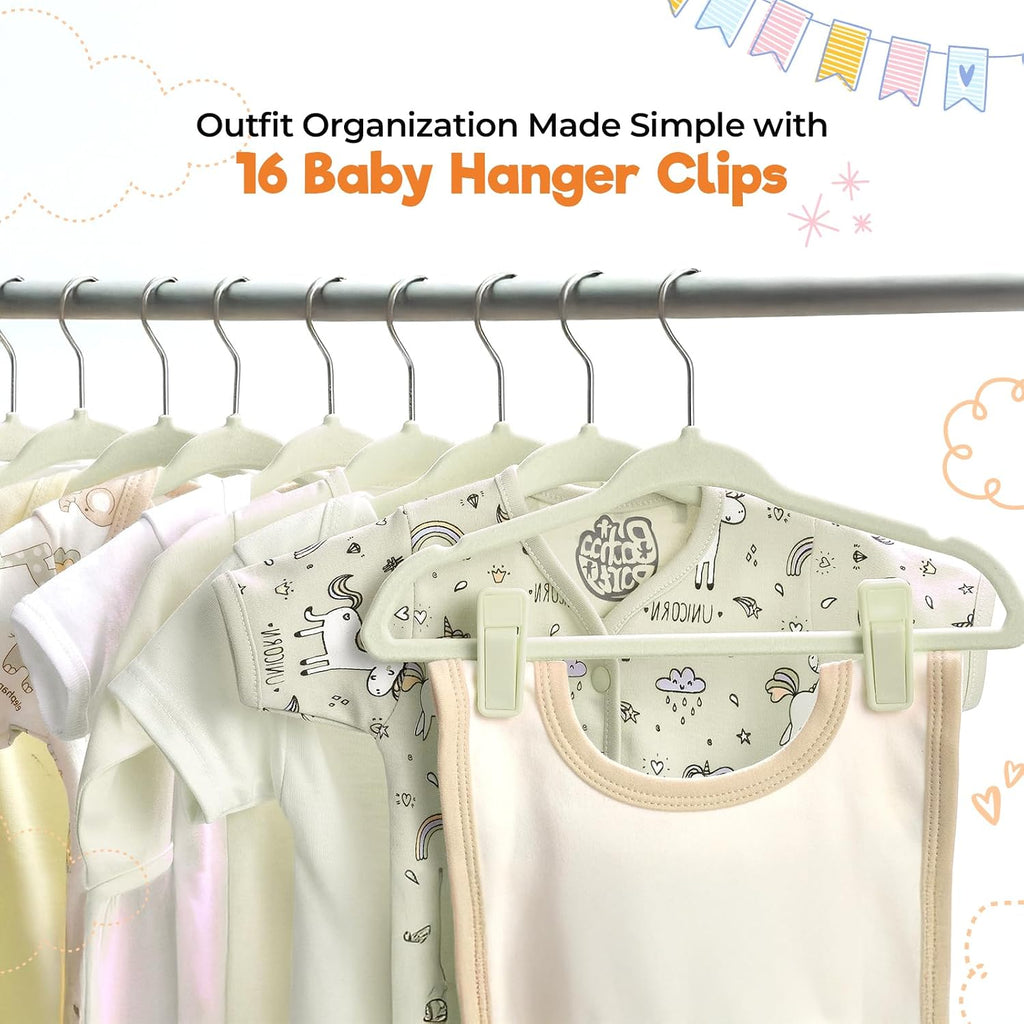 Babyrish Velvet Baby Hangers with Clips (30 Pack) | 11” Ultra-Slim Baby Clothes Hangers | Non-Slip Felt | Space-Saving Nursery & Infant Closet Organizer | Beige