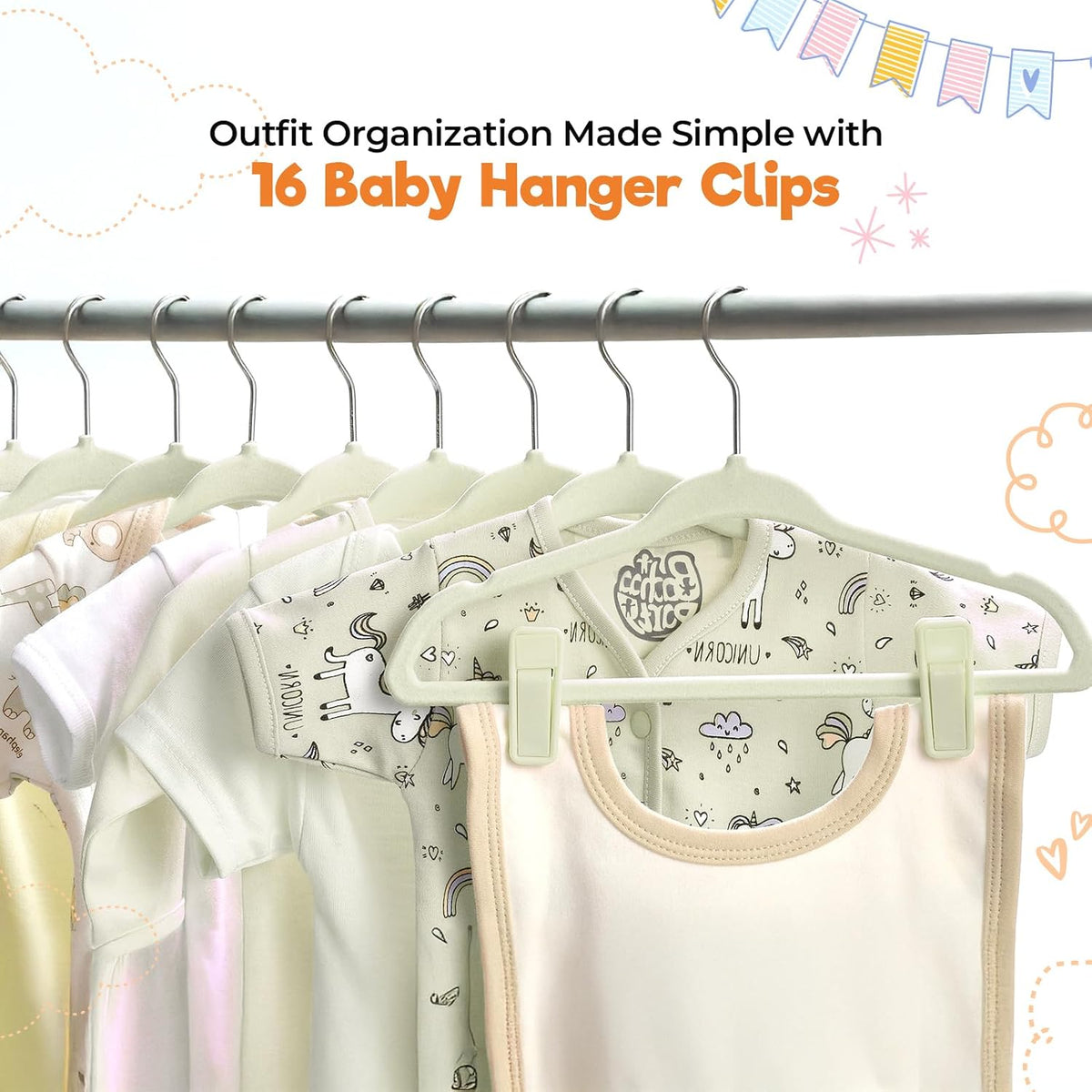 Babyrish Velvet Baby Hangers with Clips (30 Pack) | 11” Ultra-Slim Baby Clothes Hangers | Non-Slip Felt | Space-Saving Nursery & Infant Closet Organizer | Beige