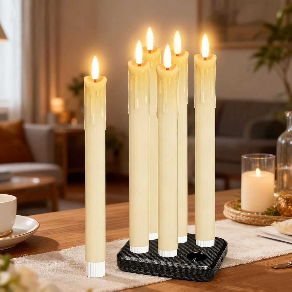 Rechargeable Flameless Taper Candles with Charging Base, Ivory